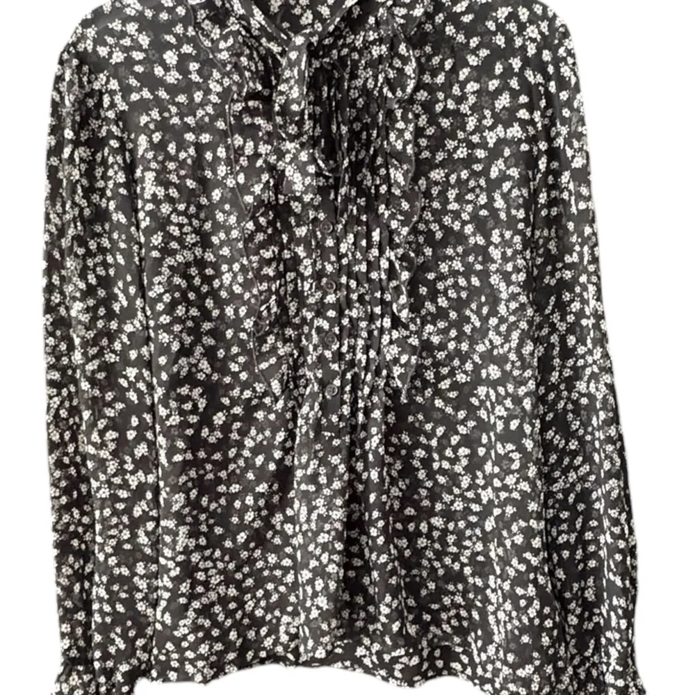 Express Black White Floral Blouse Ruffle Front Sheer Tie Neckline Office Size M - Picture 5 of 11